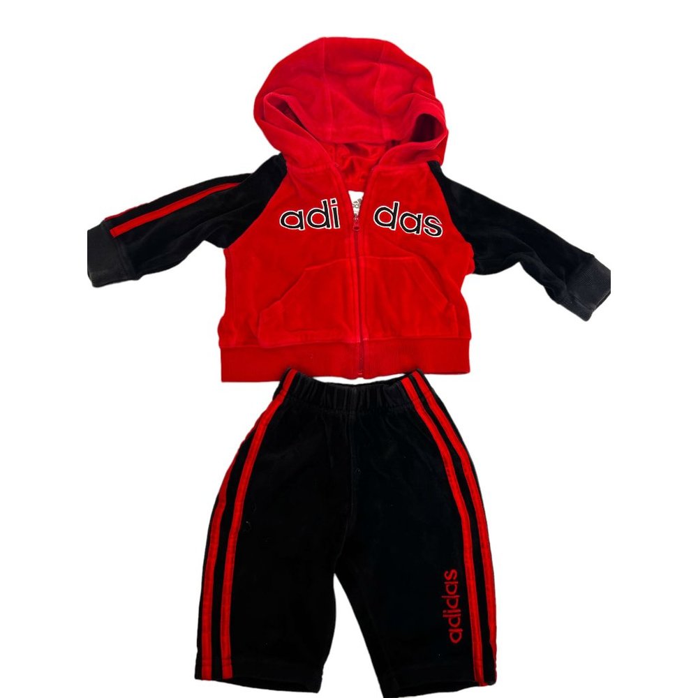 Adidas Red and Black Velour Tracksuit for 6 Month